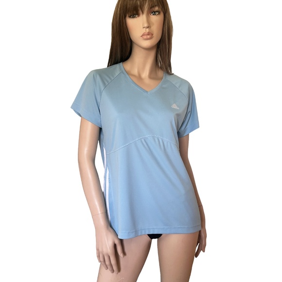 Adidas 3 Stripe Fitness Top Shirt Pullover V-Neck Baby Blue Yoga Gym Active Wear - Picture 2 of 12